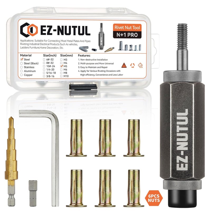 EZ-NUTUL Multi-Grip Rivet Nut Installation Tool Set Pre-Bulbed Shank Flat Head Threaded Insert Nut Plus Nuts Assortment Kit Cross Rivnut for Construction Industrial (M5(Plus Nut Tool-6pcs)) - Image 1